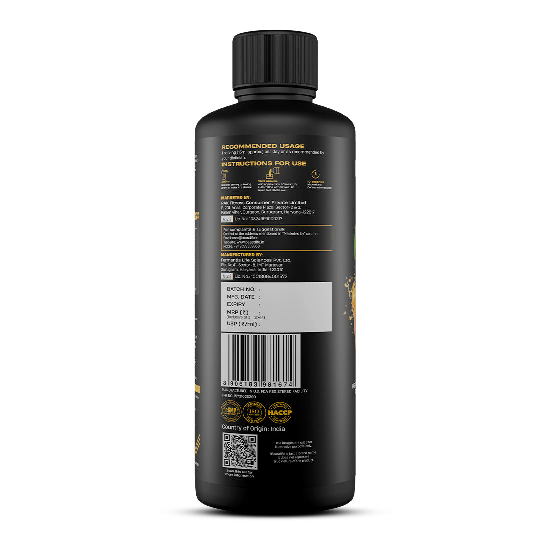 BeastLife L-Carnitine with Vitamin B5 (Mango 450ml) | 1100mg L- Carnitine