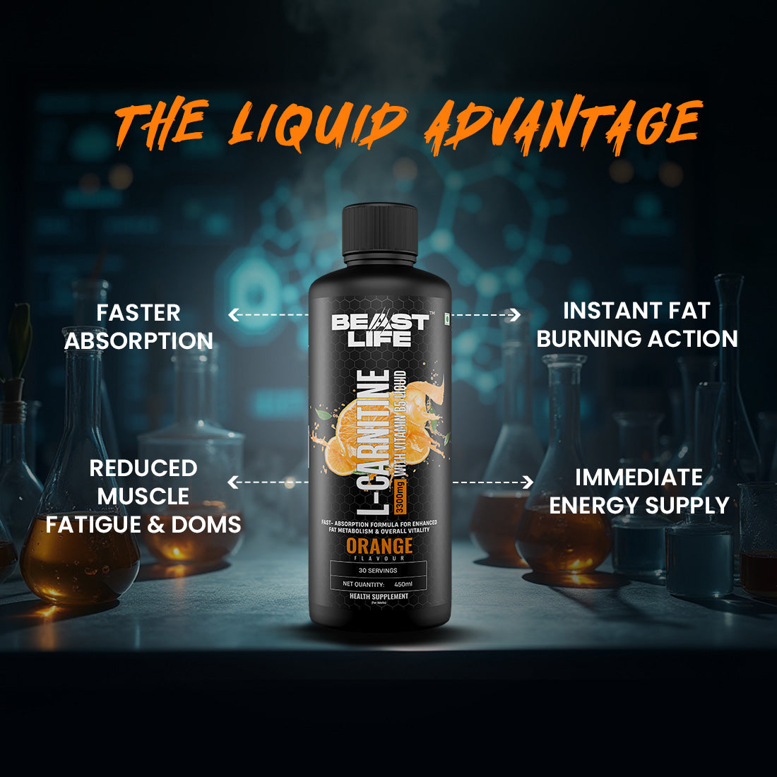 BeastLife L-Carnitine with Vitamin B5 (Orange, 450ml) | 1100mg L- Carnitine