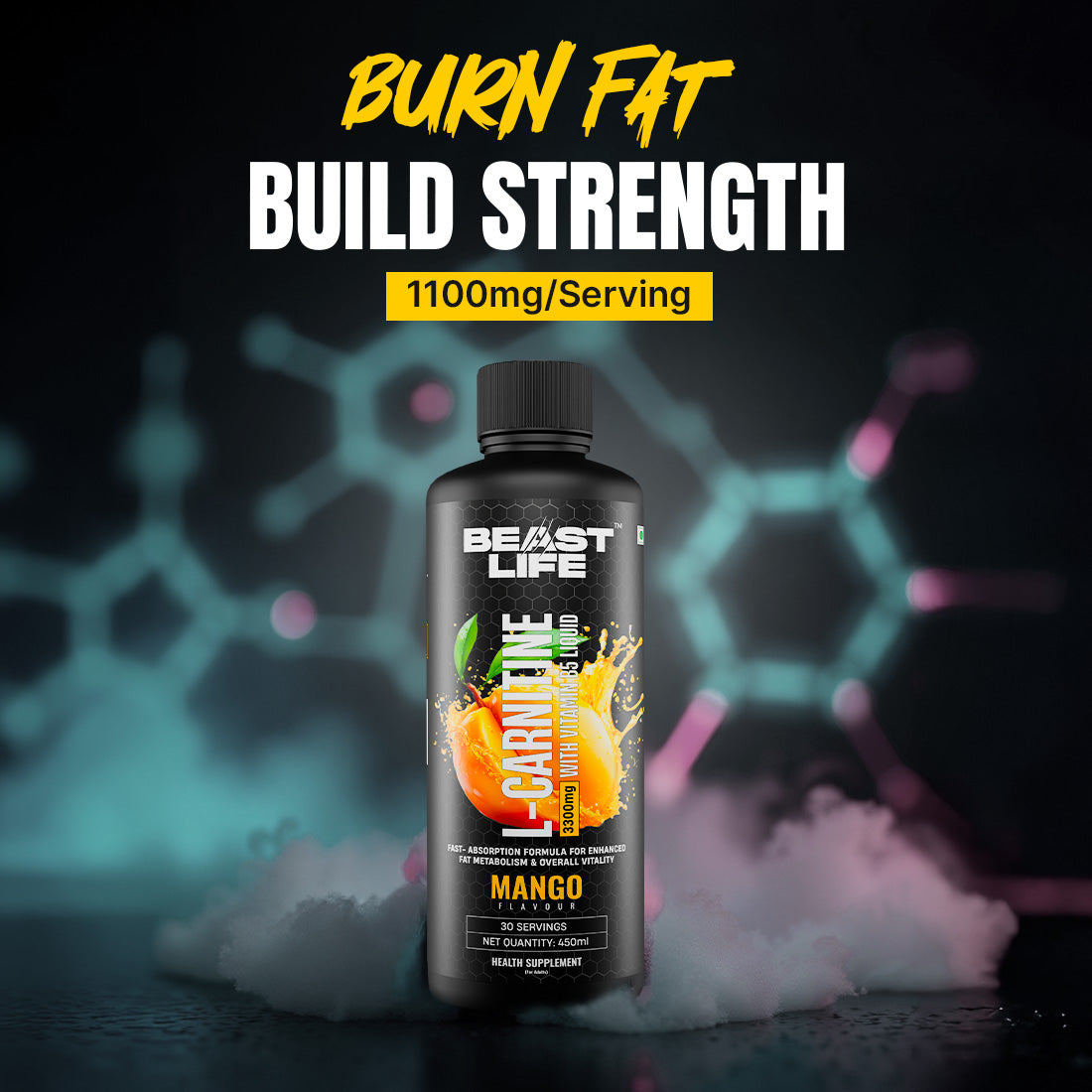 BeastLife L-Carnitine with Vitamin B5 (Mango 450ml) | Triple Strength Formula | 3300mg L- Carnitine