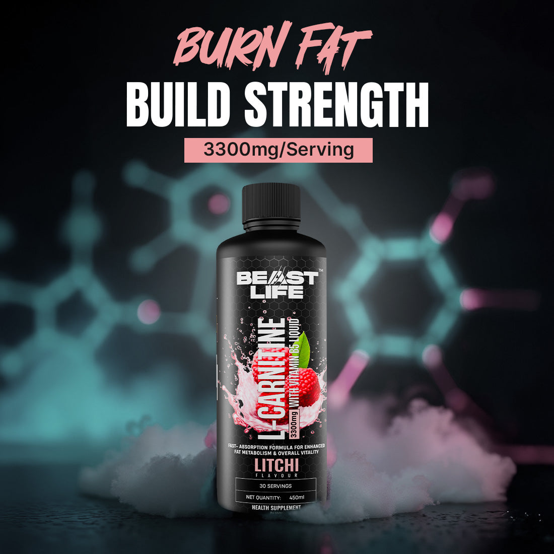 BeastLife L-Carnitine with Vitamin B5 (Litchi, 450ml) | Triple Strength Formula | 3300mg L- Carnitine