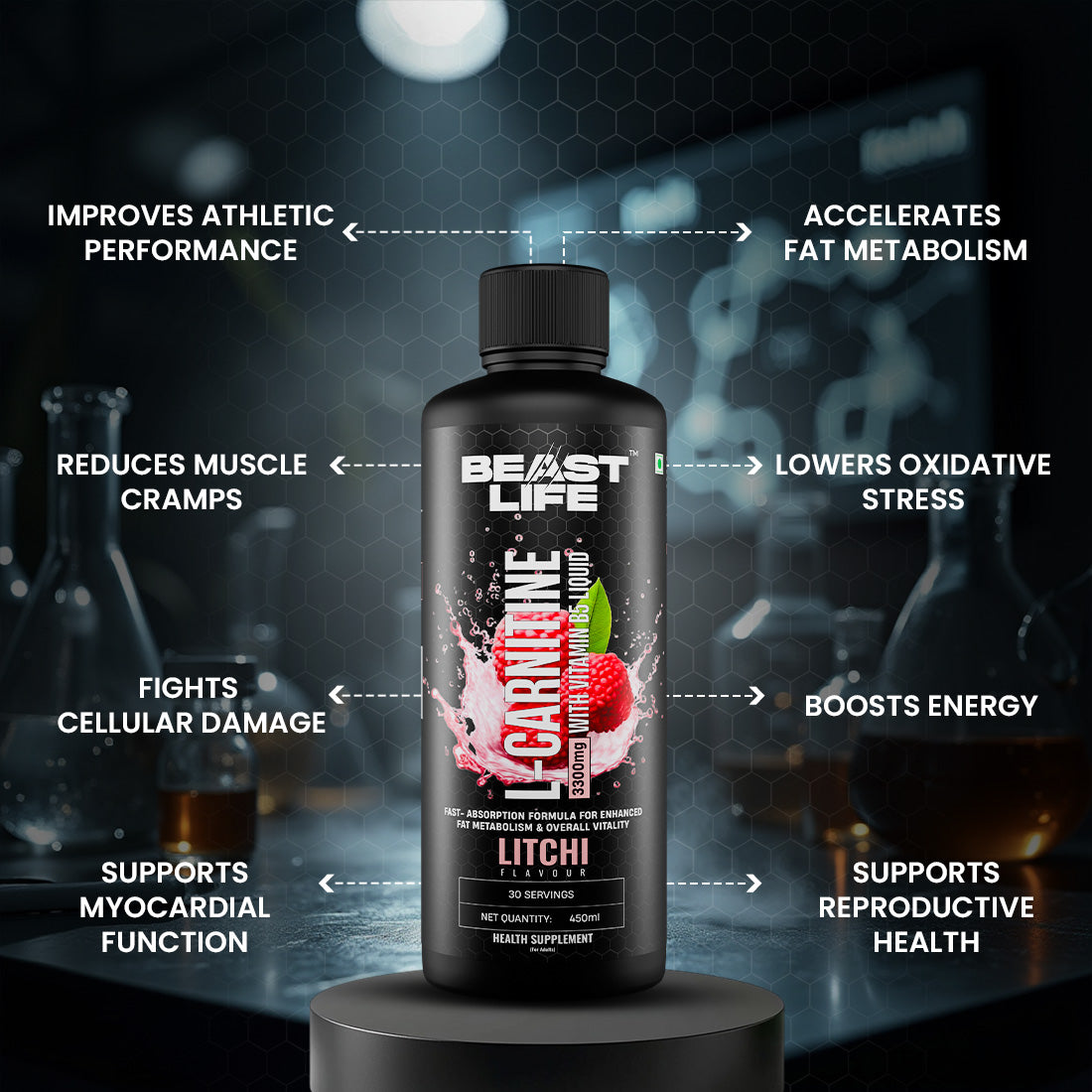 BeastLife L-Carnitine with Vitamin B5 (Litchi, 450ml) | Triple Strength Formula | 3300mg L- Carnitine