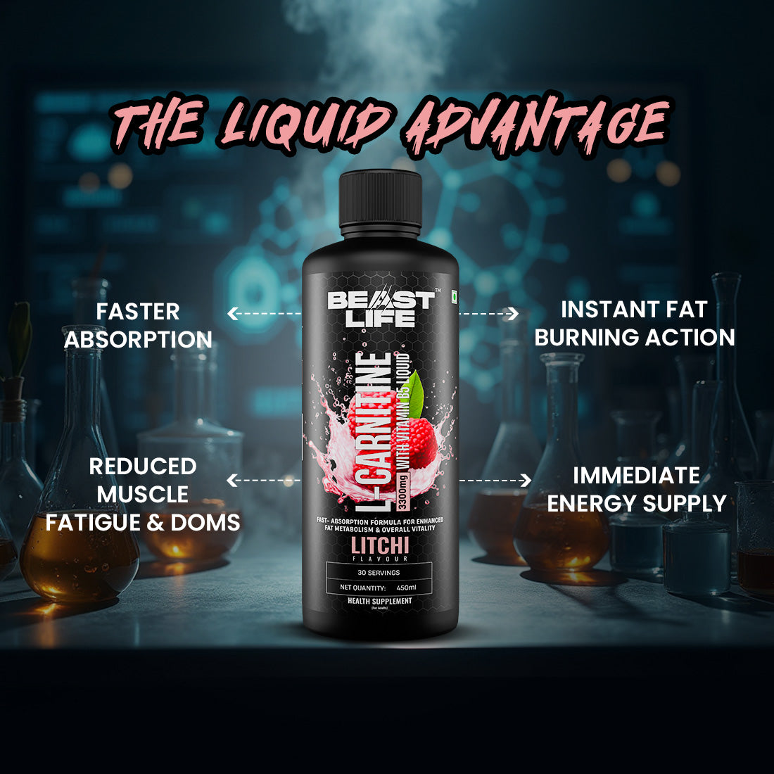 BeastLife L-Carnitine with Vitamin B5 (Litchi, 450ml) | Triple Strength Formula | 3300mg L- Carnitine