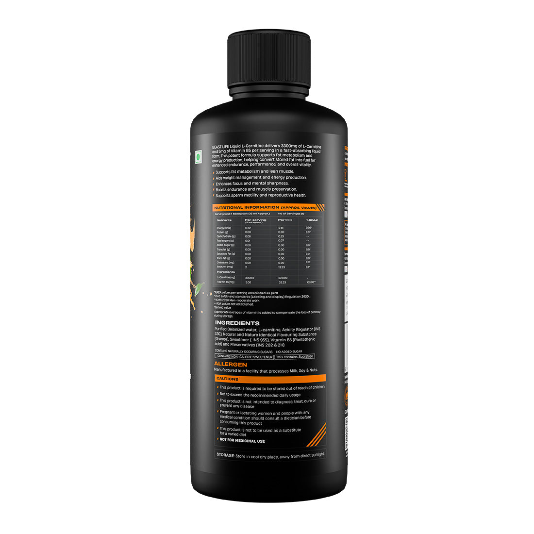 BeastLife L-Carnitine with Vitamin B5 (Orange, 450ml) | Triple Strength Formula | 3300mg L- Carnitine