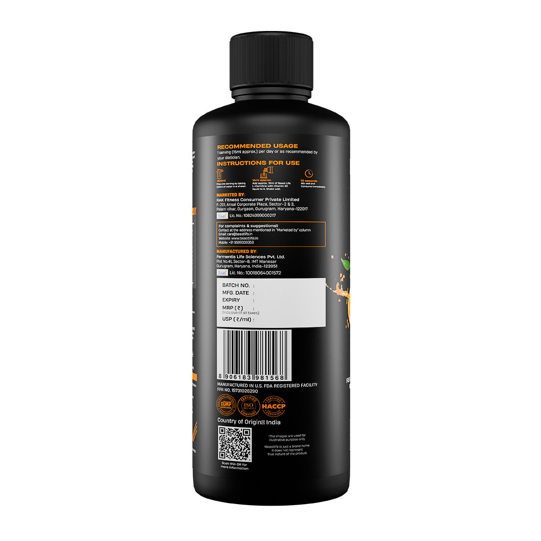 BeastLife L-Carnitine with Vitamin B5 (Orange, 450ml) | Triple Strength Formula | 3300mg L- Carnitine