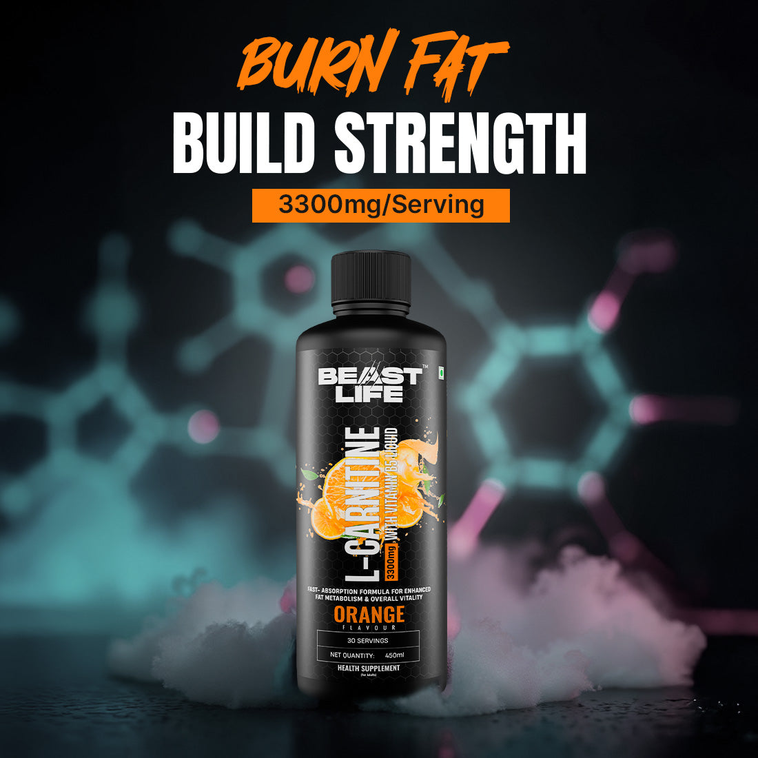 BeastLife L-Carnitine with Vitamin B5 (Orange, 450ml) | Triple Strength Formula | 3300mg L- Carnitine