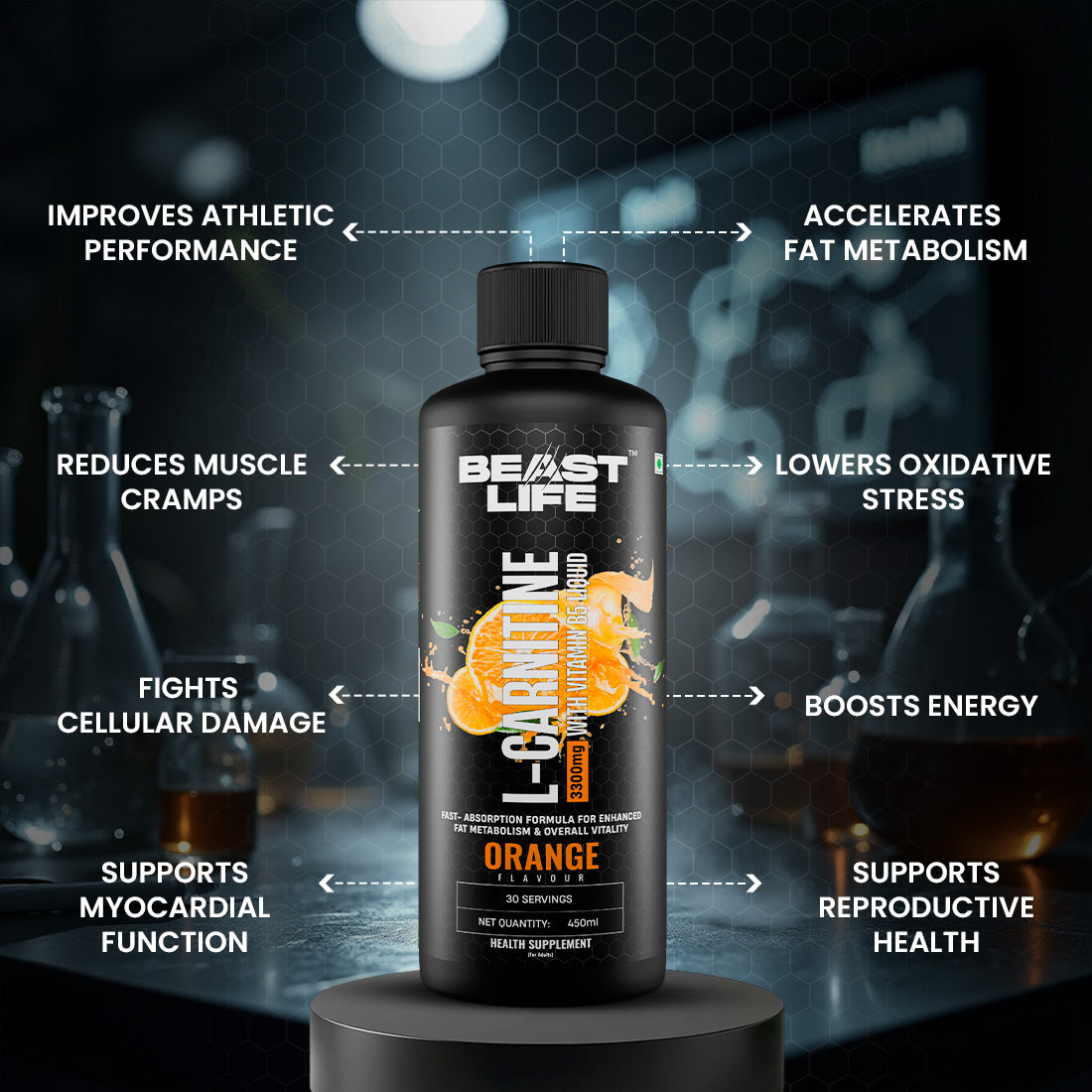 BeastLife L-Carnitine with Vitamin B5 (Orange, 450ml) | Triple Strength Formula | 3300mg L- Carnitine