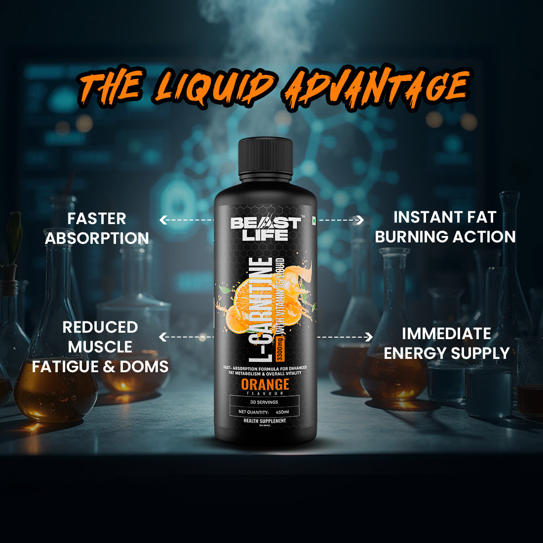 BeastLife L-Carnitine with Vitamin B5 (Orange, 450ml) | Triple Strength Formula | 3300mg L- Carnitine