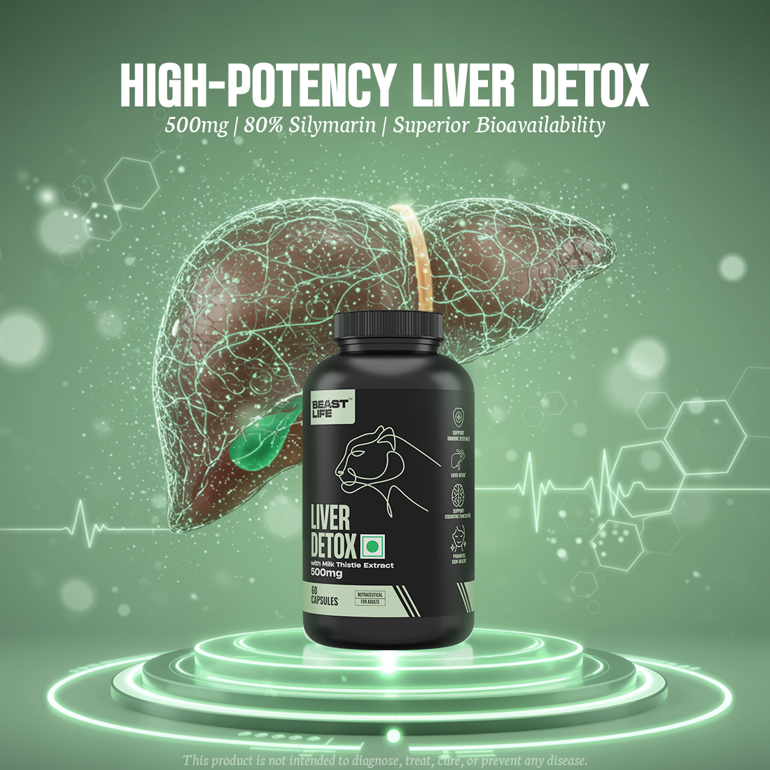 Liver Detox Supplement with Milk Thistle Extract 500mg | Added Multivitamins & Amino Acid with Natural Detoxification Formula | Liver Support Supplement (60 Veg Tablets)