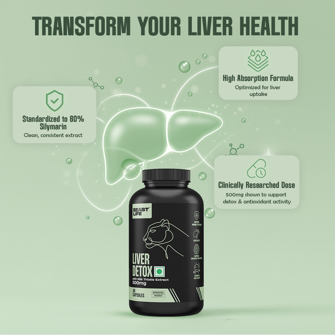 Liver Detox Supplement with Milk Thistle Extract 500mg | Added Multivitamins & Amino Acid with Natural Detoxification Formula | Liver Support Supplement (60 Veg Tablets)