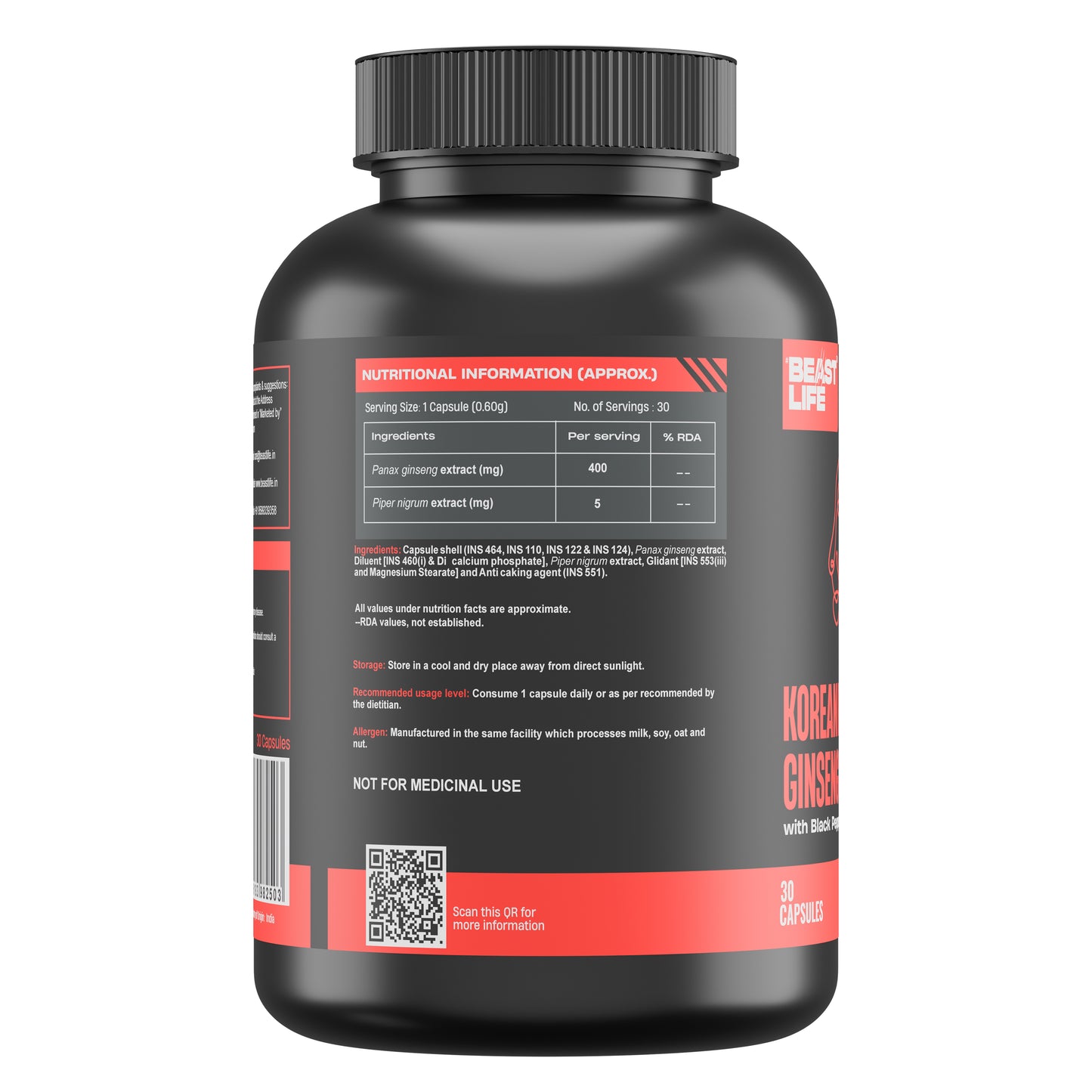 Korean Red Ginseng 400MG with Piper Nigrum Extract 5mg 30N