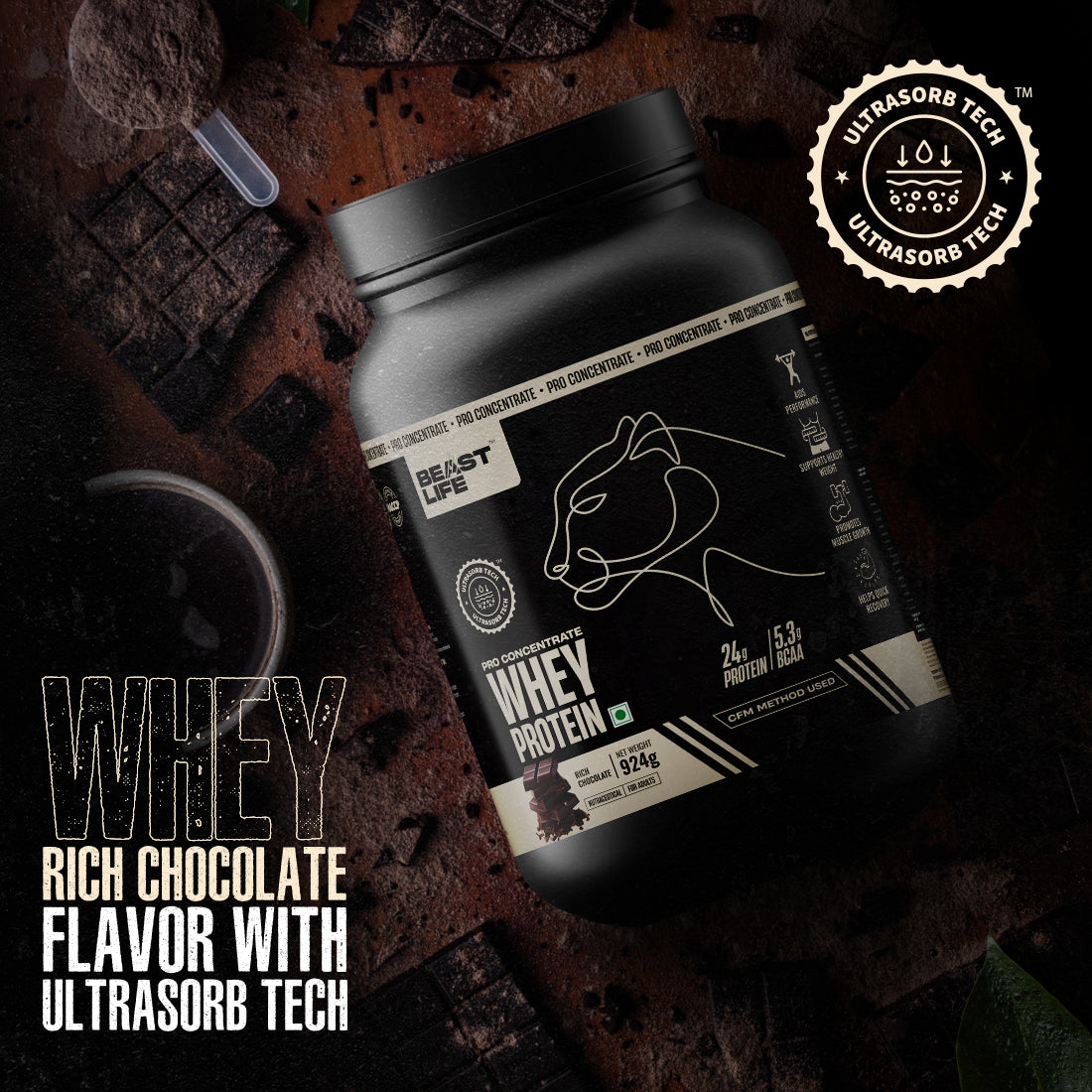 Pro Concentrate Whey Protein with Ultrasorb Tech | 924gm | Rich Chocolate