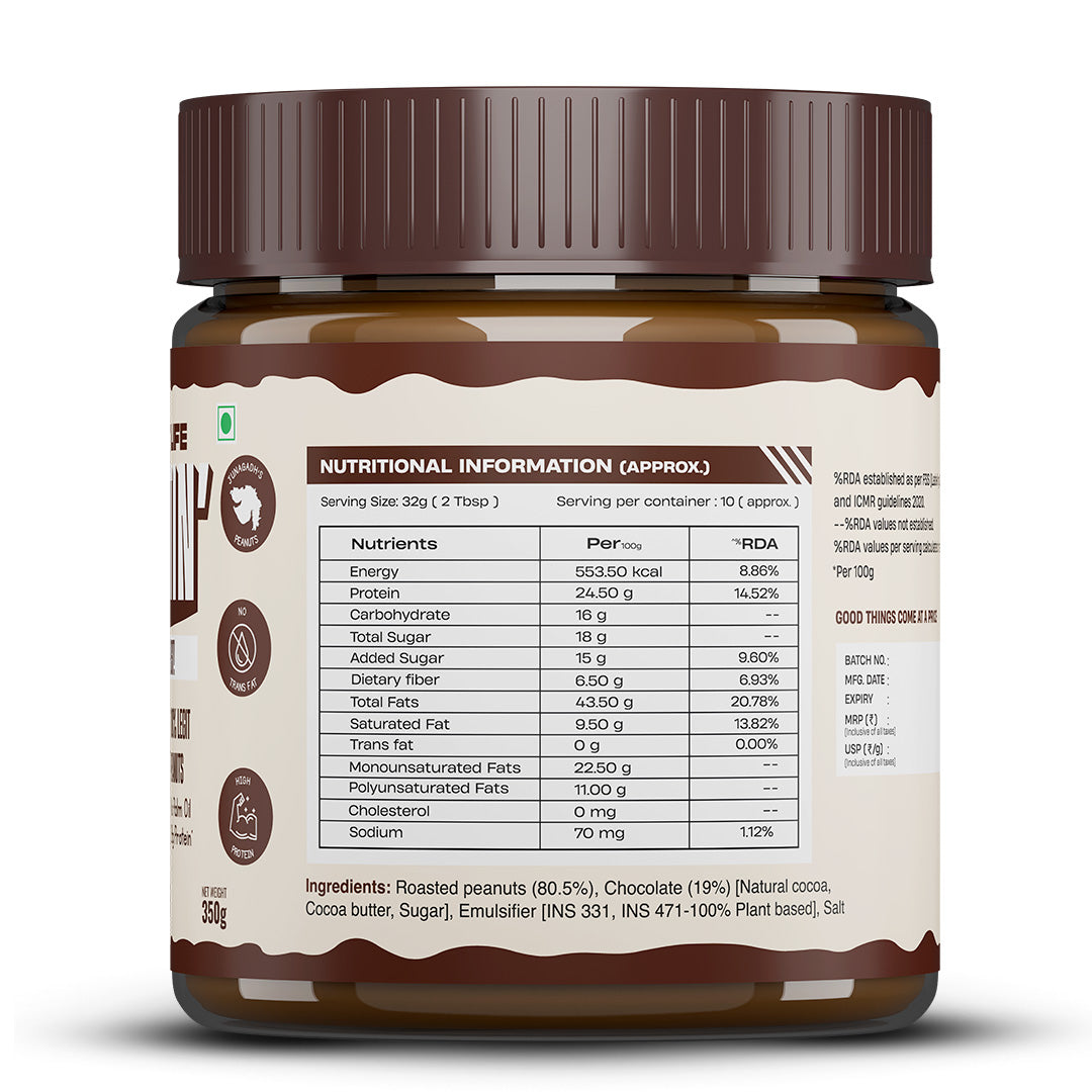 Natural Peanut Butter Chocolate Crunchy (100% Peanuts, No Palm oil) | 350gm