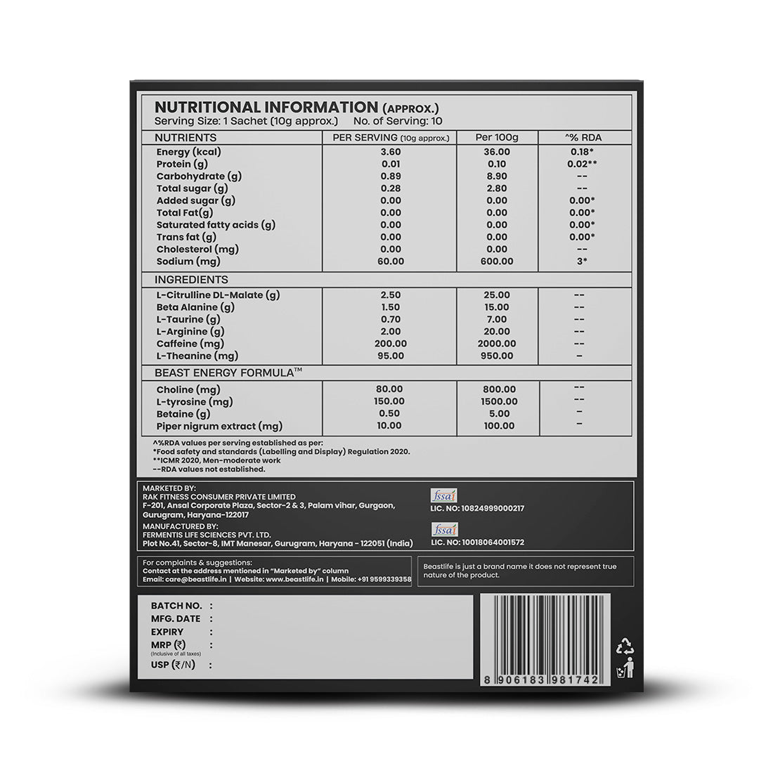 Beast Mode Pre Workout With Beast Energy Formula (Fruit Punch)