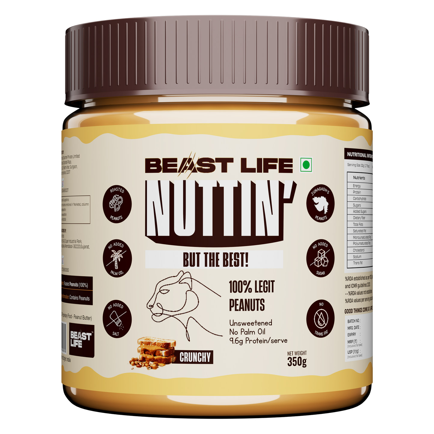 Natural Peanut Butter Crunchy (100% Peanuts, No Palm oil) | 350gm