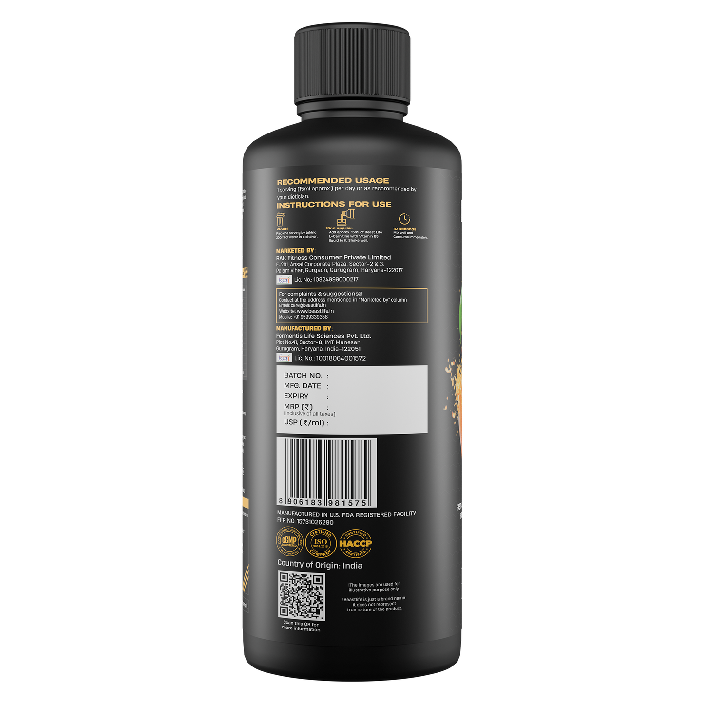 BeastLife L-Carnitine with Vitamin B5 (Mango 450ml) | Triple Strength Formula | 3300mg L- Carnitine