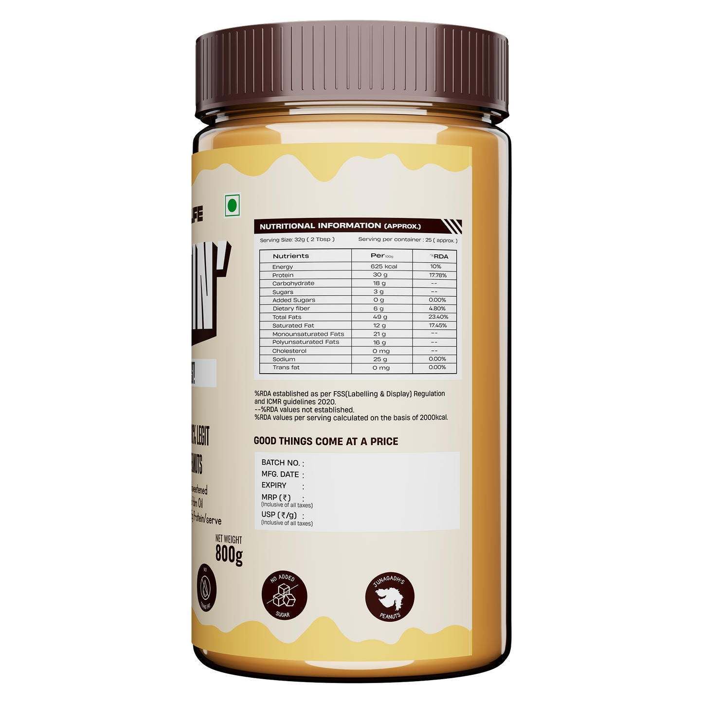 Natural Peanut Butter Crunchy (100% Peanuts, No Palm oil) | 800gm