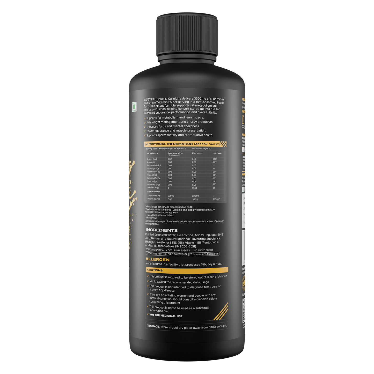BeastLife L-Carnitine with Vitamin B5 (Mango 450ml) | Triple Strength Formula | 3300mg L- Carnitine