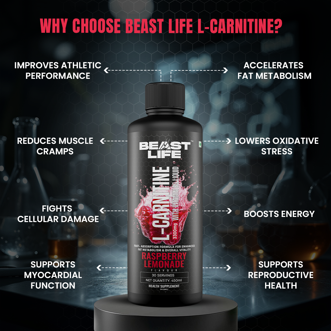 L-Carnitine with Vitamin B5 Liquid 3300 mg | Raspberry Lemonade | 450 ml