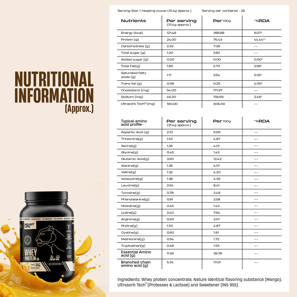 Pro Concentrate Whey Protein with Ultrasorb Tech | Mango | 924 g