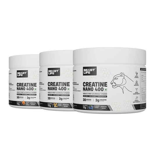 World’s First Creatine Nano 400|  Assorted Pack of 3 | Finest & Fastest Absorbing | 2X Strength  | King Size (115g Each)