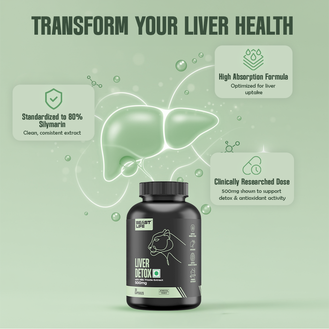 Liver Detox Supplement with Milk Thistle Extract 500mg | Added Multivitamins & Amino Acid with Natural Detoxification Formula | Liver Support Supplement (30 Veg Tablets)