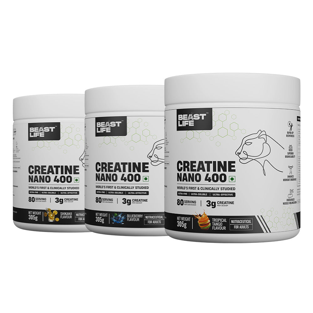 World’s First Creatine Nano 400 | Assorted Pack of 3 | Finest & Fastest Absorbing | 2X Strength |  Beast Size (305g Each)