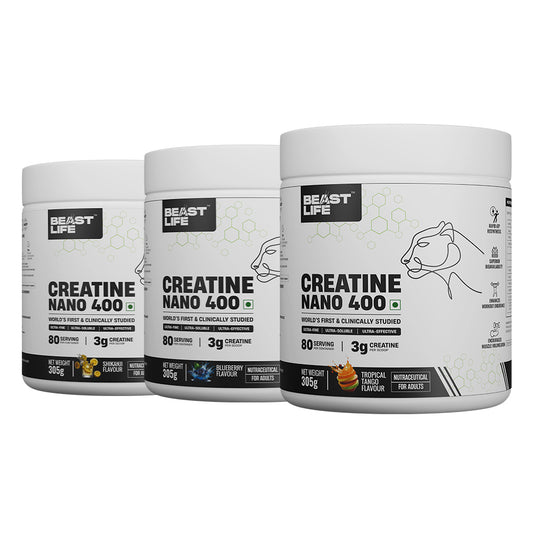 World’s First Creatine Nano 400 | Assorted Pack of 3 | Finest & Fastest Absorbing | 2X Strength |  Beast Size (305g Each)