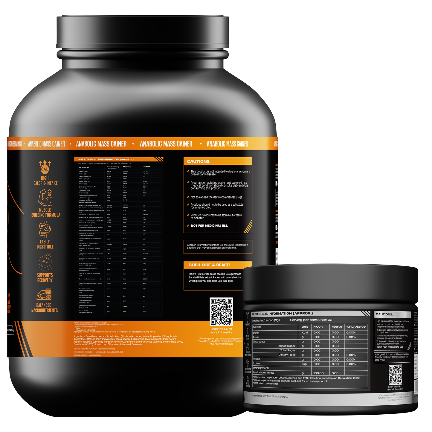 Anabolic Mass gainer 2.5kg (Belgian Chocolate) + Creatine monohydrate Unflavoured 100g