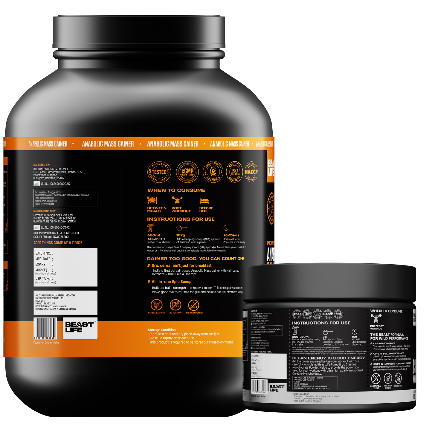 Anabolic Mass gainer 2.5kg (Belgian Chocolate) + Creatine monohydrate Unflavoured 100g