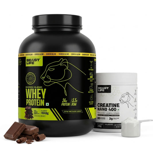 Combo pack | Creatine Nano 400 | Unflavoured | 250 g + Isorich blend whey protein | Rich Double chocolate | 1.848 kg