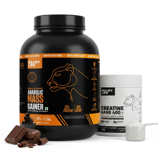 Combo pack | Creatine Nano 400 | Unflavoured | 250 g + Anabolic Mass Gainer | Belgian Chocolate | 2.5 kg