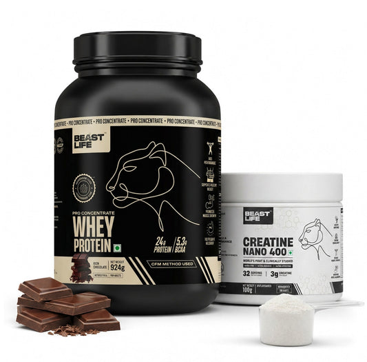 Combo pack | Creatine Nano 400 | Unflavoured | 100 g + Pro concentrate whey protein | Rich chocolate | 924 g