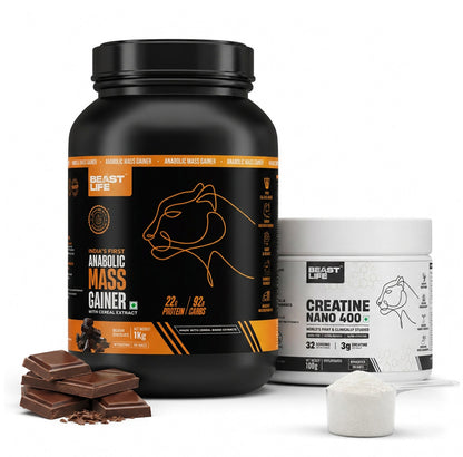 Combo pack | Creatine Nano 400 | Unflavoured | 100 g + Anabolic Mass Gainer | Belgian Chocolate | 1 kg