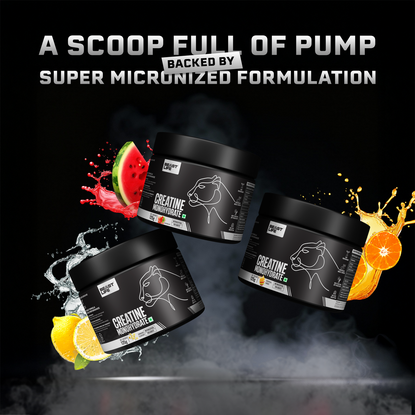 BeastLife 3X Power Blend | Triple Creatine Monohydrate Flavour Pack – Shikanji, Tropical Tango & Watermelon (125g Each)