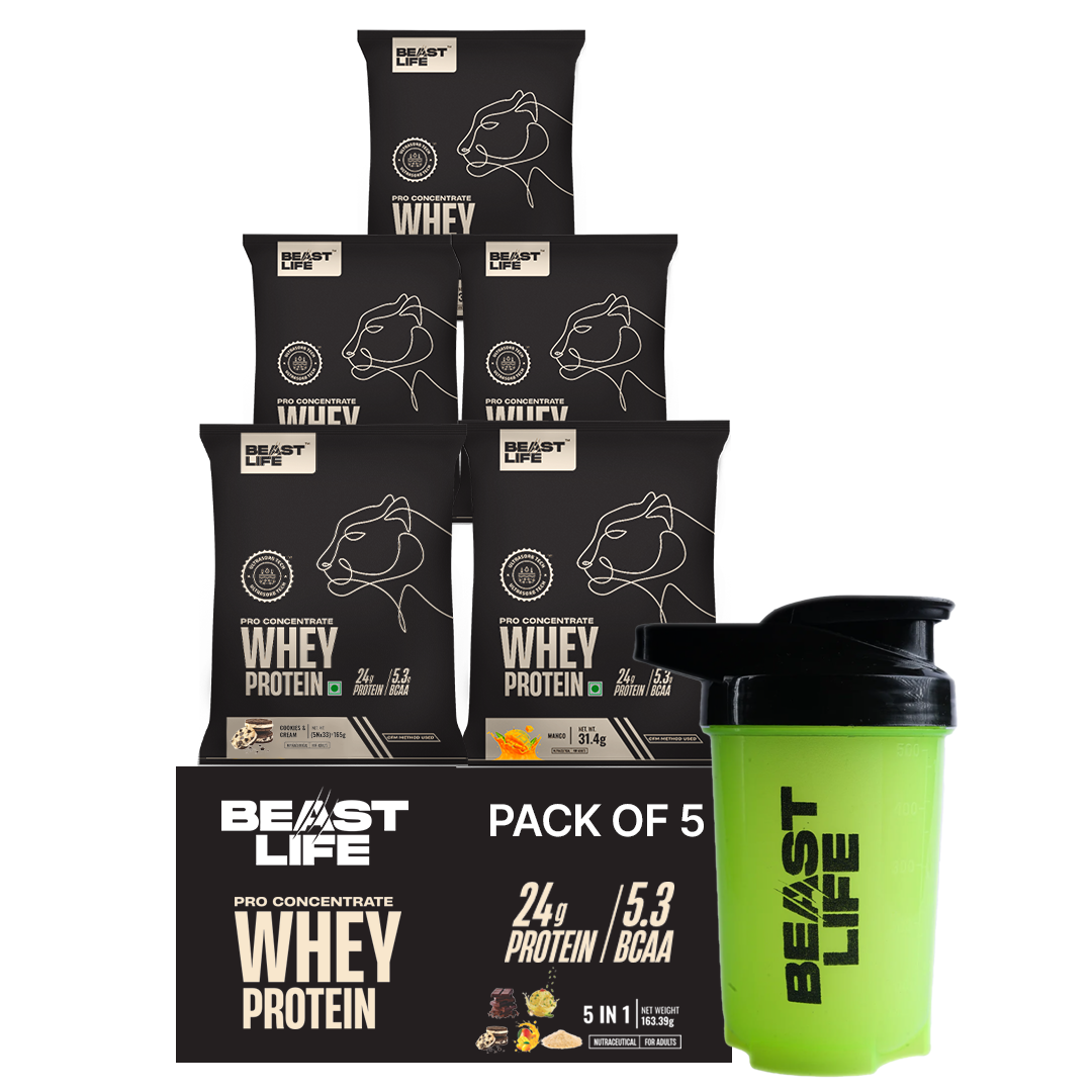 Pro Whey Protein Travel Pack Assorted (Pack of 5, All in one) with Neon Shaker