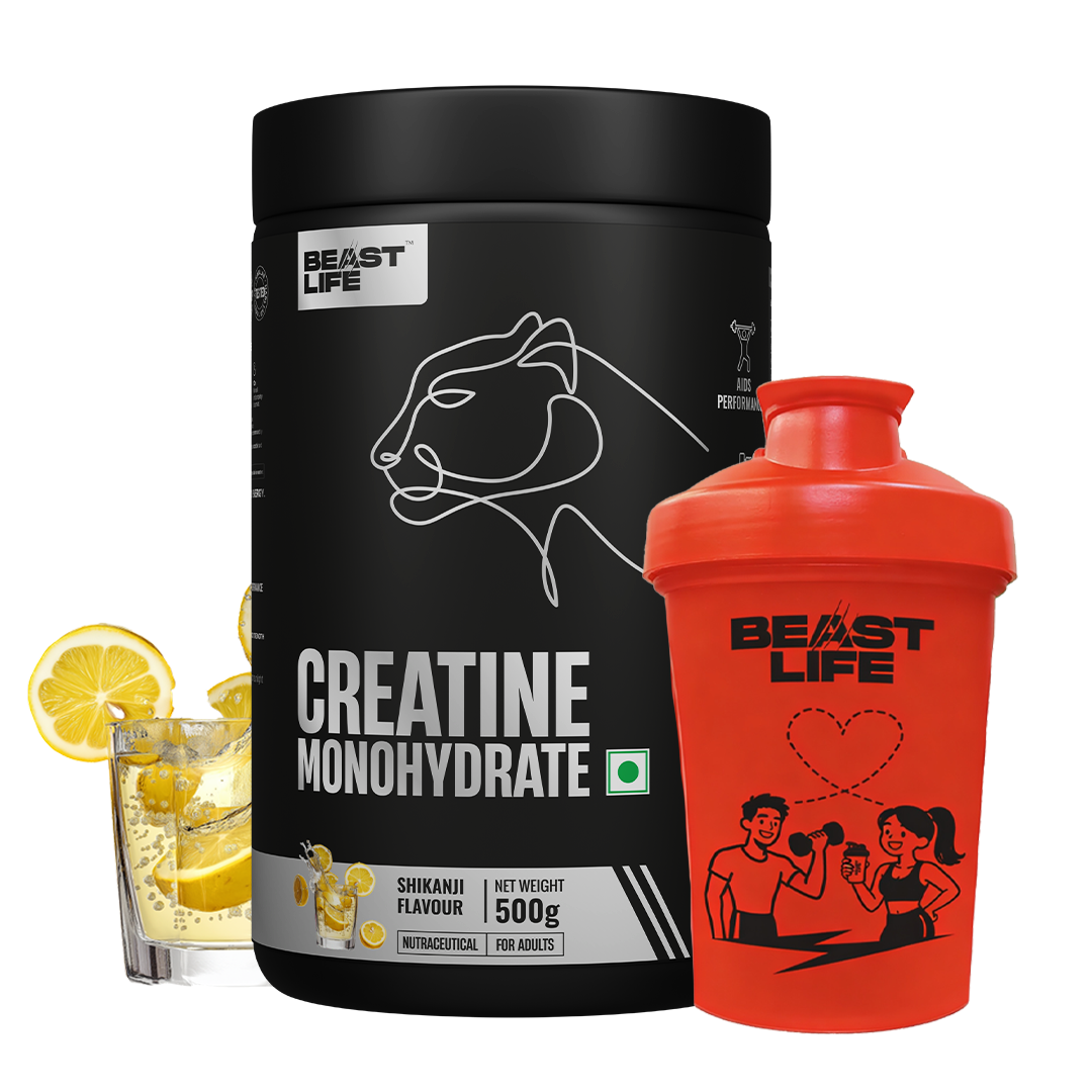 BeastLife Valentine’s Limited Couple Combo | Plastic Shaker Red 500ML + Creatine Monohydrate Shikanji 500g