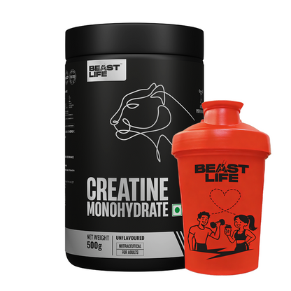 BeastLife Valentine’s Limited Couple Combo | Plastic Shaker Red 500ML + Creatine Monohydrate Unflavoured 500g