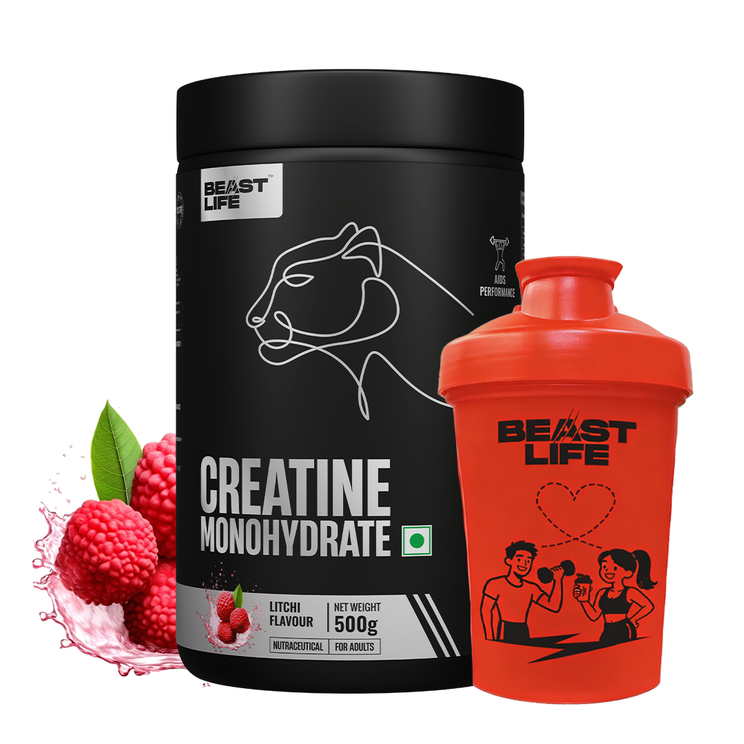 BeastLife Valentine’s Limited Couple Combo | Plastic Shaker Red 500ML + Creatine Monohydrate Litchi 500g