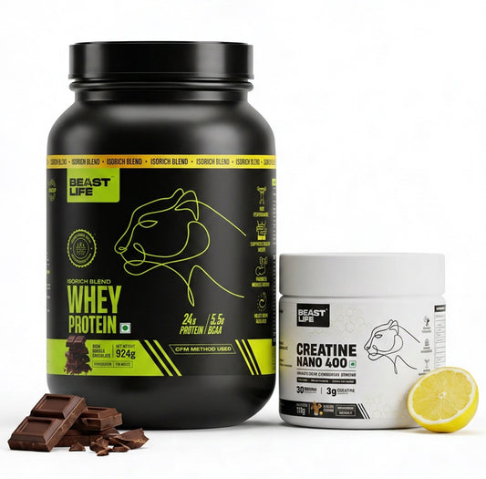 Combo pack | Creatine Nano 400 | Shikanji | 115 g + Isorich blend whey protein | Rich Double Chocolate | 924 g