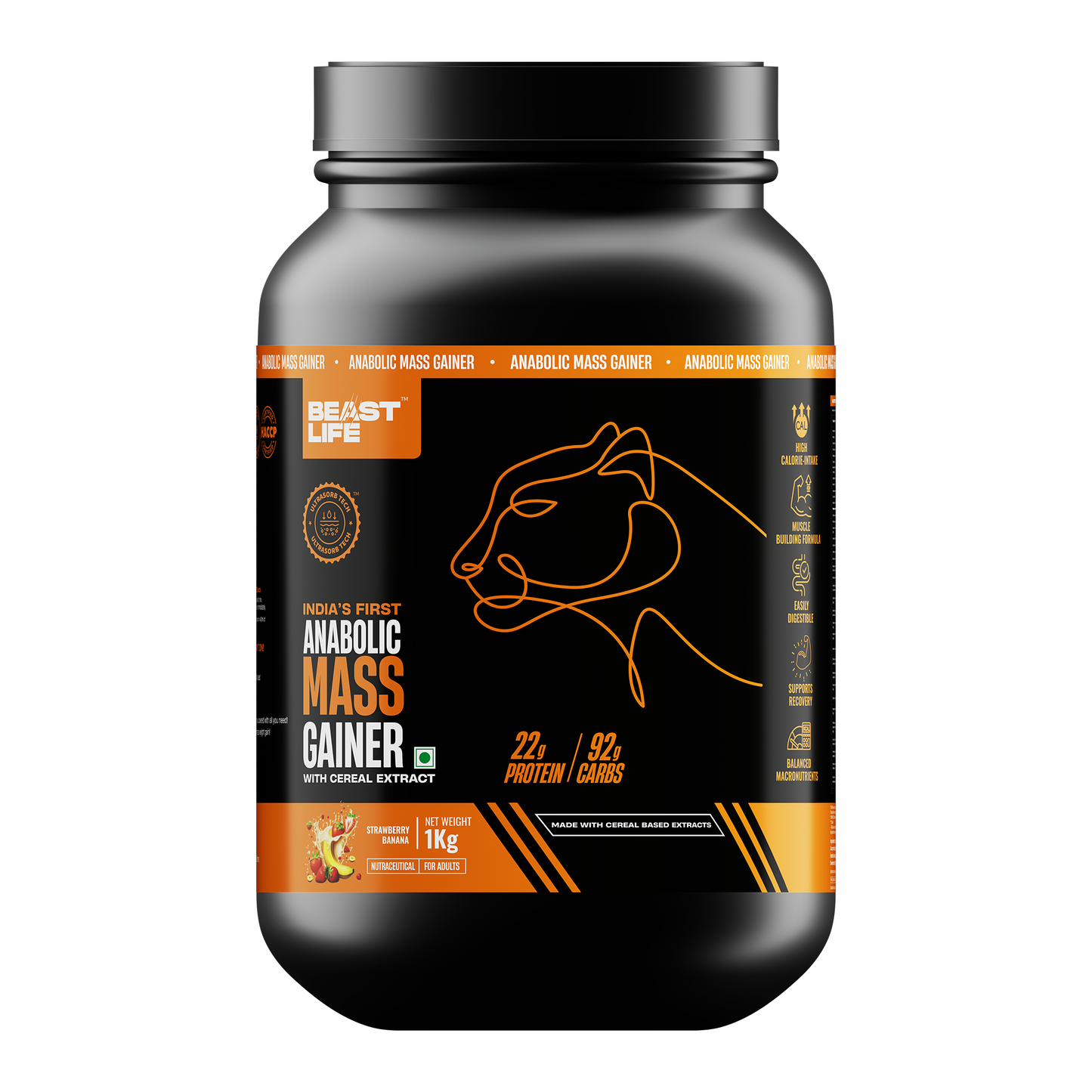 Anabolic Mass Gainer with Ultrasorb Tech (No Maltodextrin) Strawberry Banana | 1kg