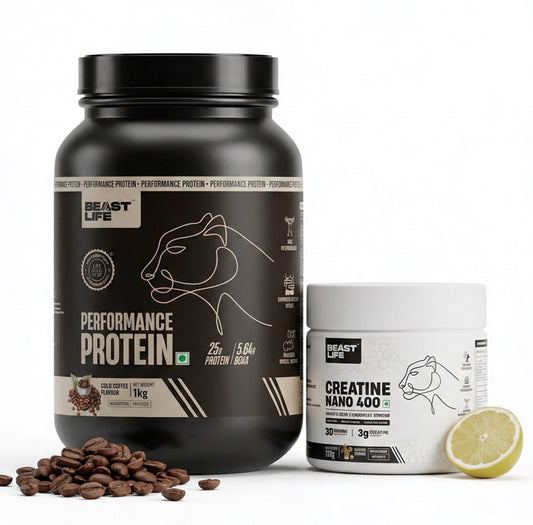 Combo pack | Creatine Nano 400 | Shikanji | 115 g + Performance Protein | Cold Coffee | 1 kg