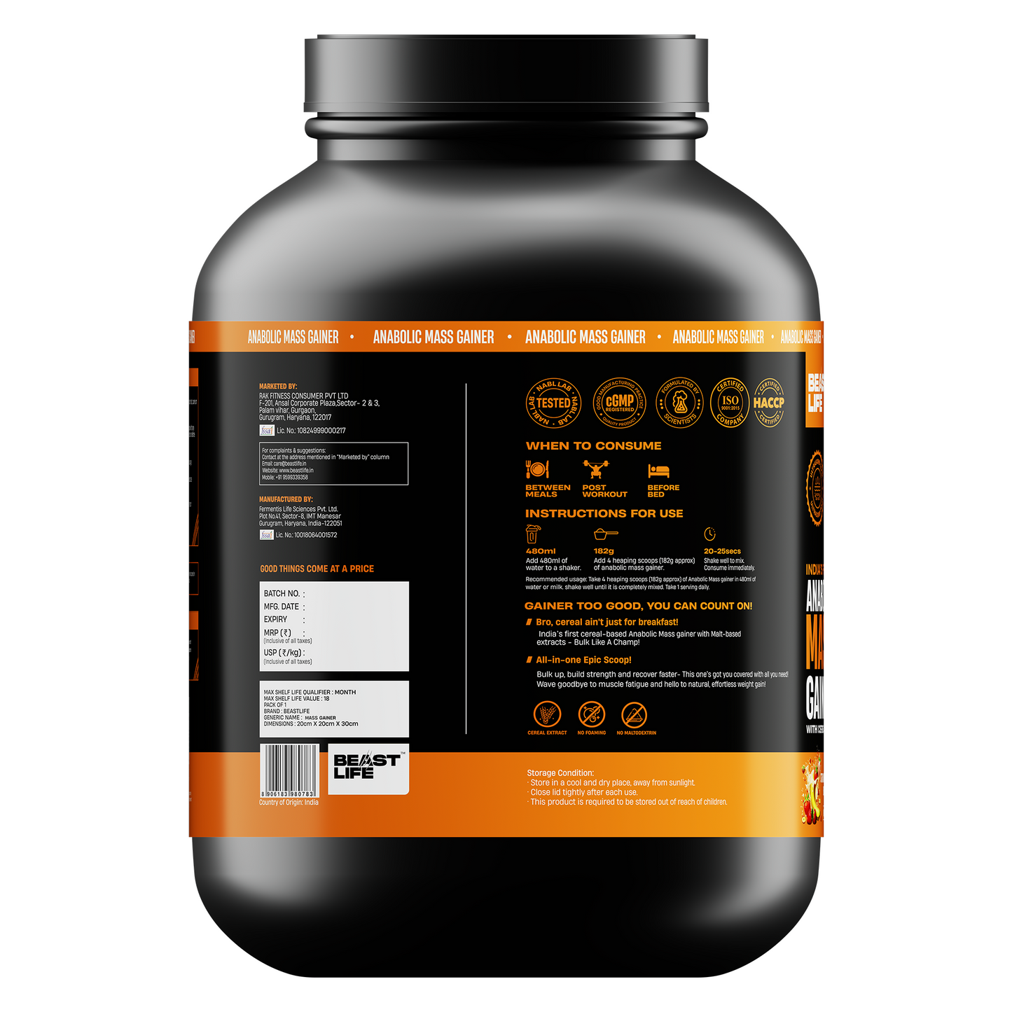 Anabolic Mass Gainer with Ultrasorb Tech (No Maltodextrin) Strawberry Banana | 2.5kg