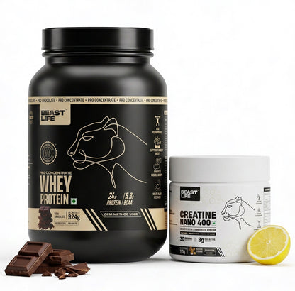 Combo pack | Creatine Nano 400 | Shikanji | 115 g + Pro Conc. whey protein | Rich chocolate | 924 g