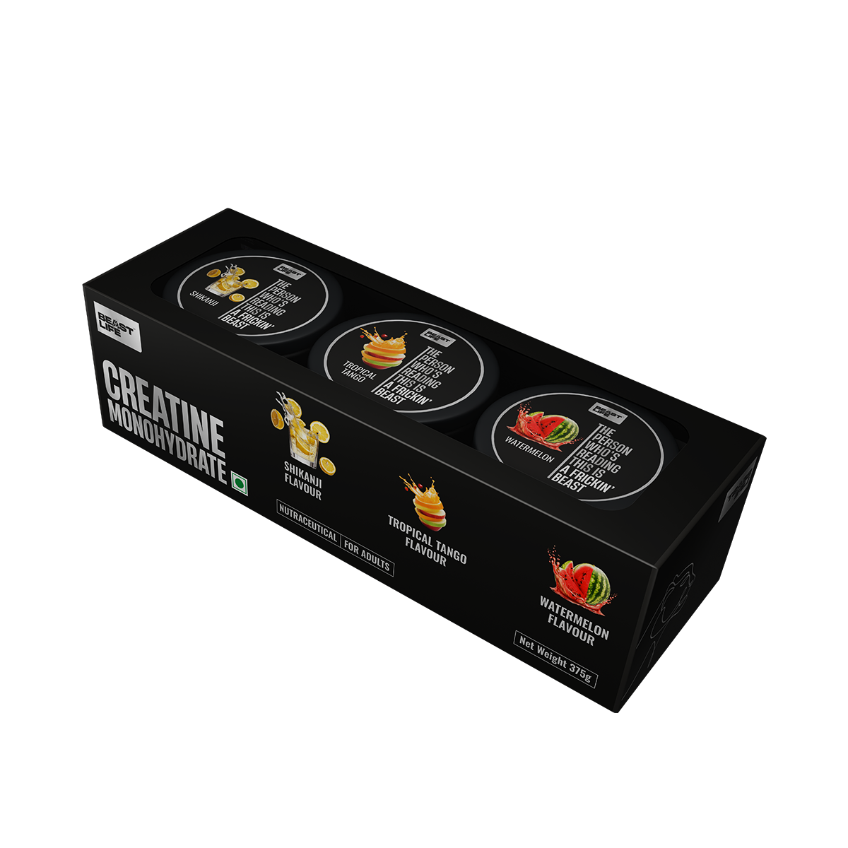 BeastLife 3X Power Blend | Triple Creatine Monohydrate Flavour Pack – Shikanji, Tropical Tango & Watermelon (125g Each)