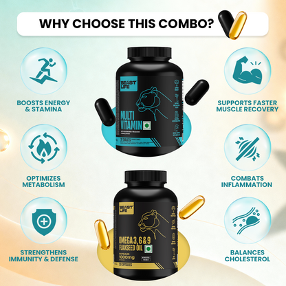 BeastLife Daily Essentials Pack | Multivitamin 30N + Veg omega 30N | 360° Nutrition Support Combo
