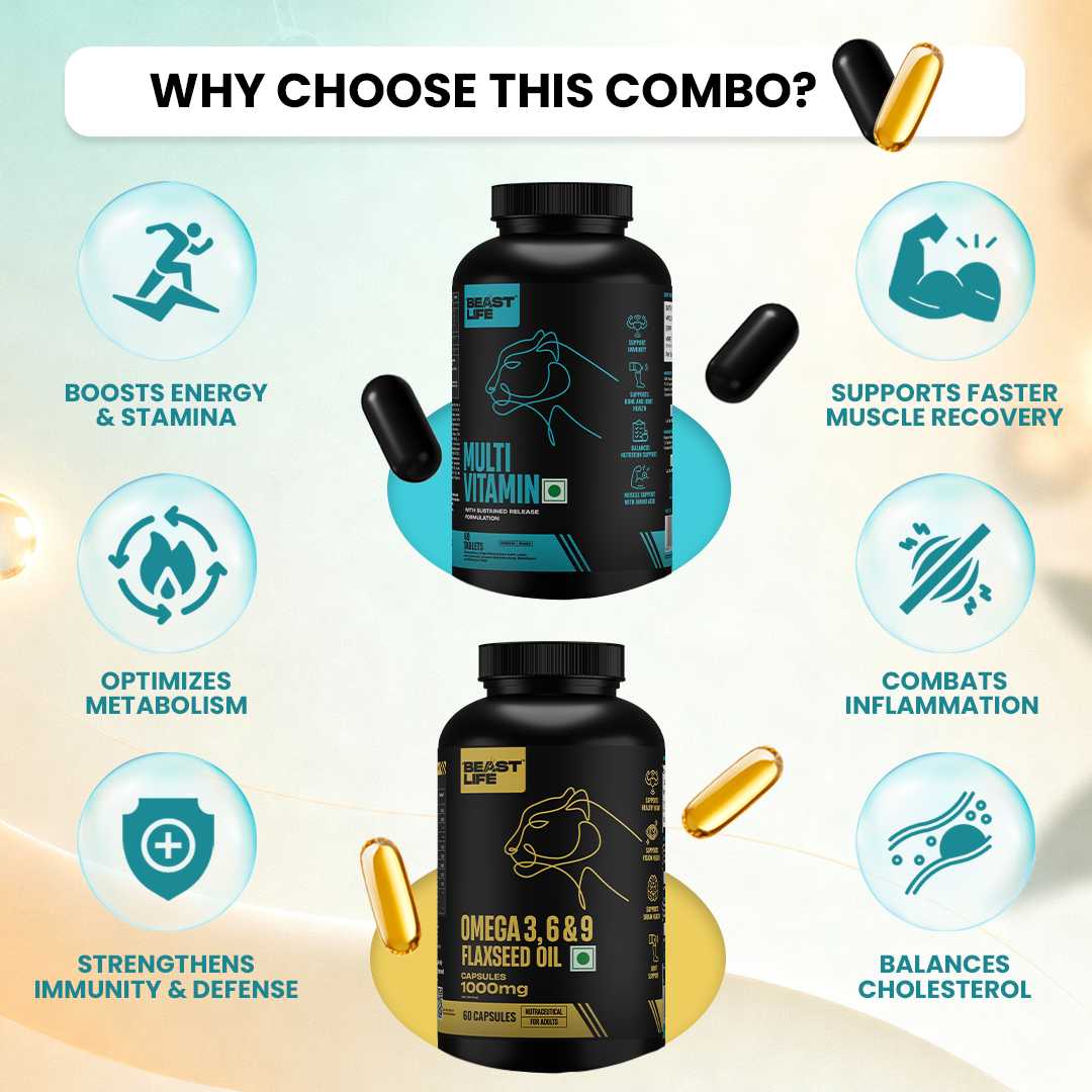 BeastLife Daily Essentials Pack | 360° Nutrition Support Combo | Multivitamin 60 N + Veg Omega 60 N