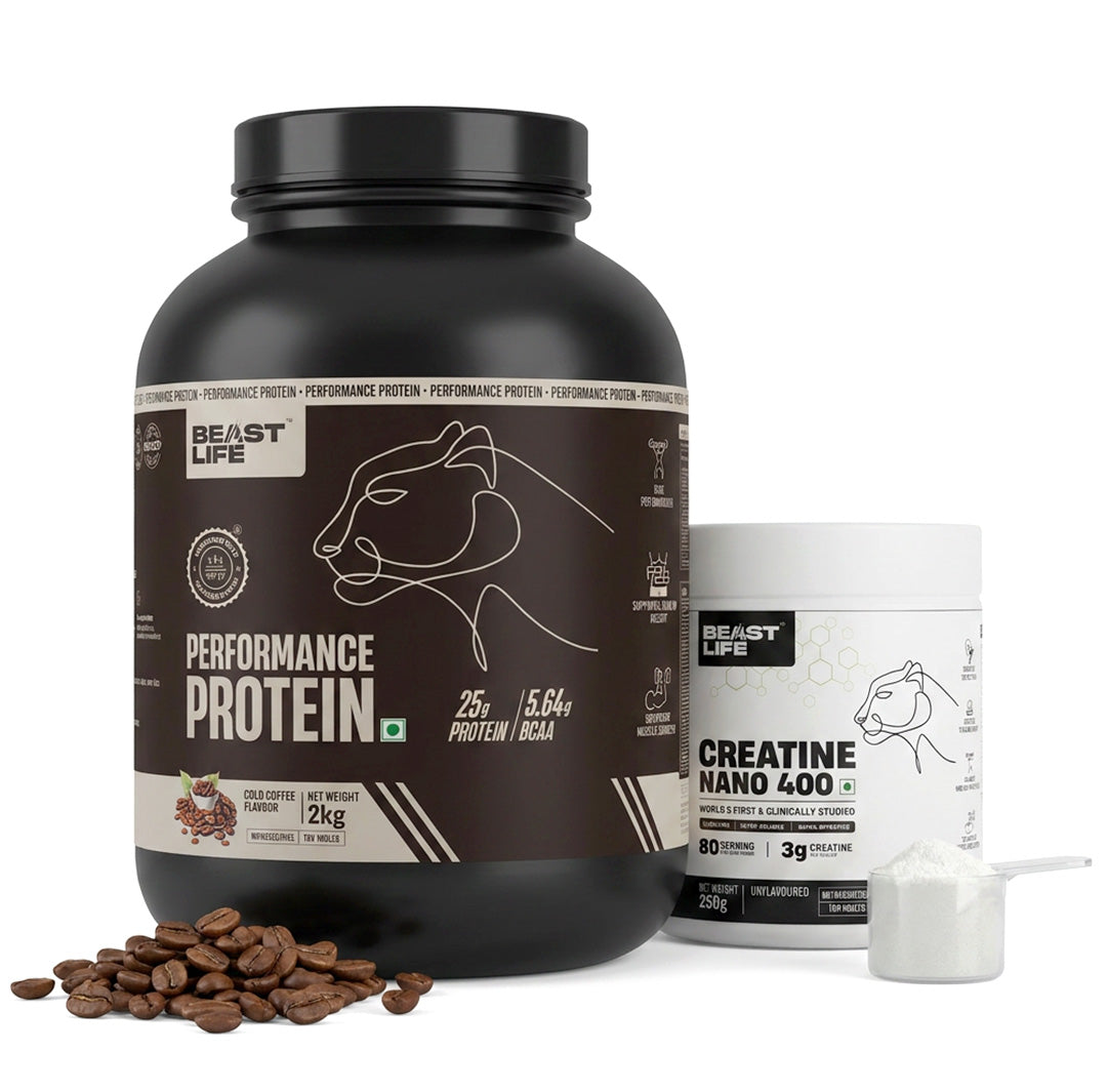 Combo pack | Creatine Nano 400 | Unflavoured | 250 g + Performance Protein | Cold Coffee | 2 kg