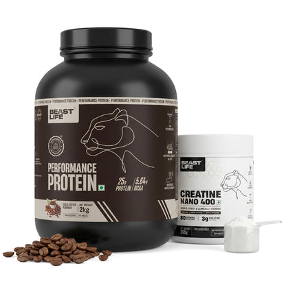 Combo pack | Creatine Nano 400 | Unflavoured | 250 g + Performance Protein | Cold Coffee | 2 kg