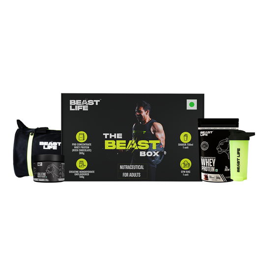 The Beast Box - 300g Pro Concentrate Whey Protein Rich Chocolate, Creatine Monohydrate Unflavoured 100g , Gym Bag, Shaker 750ml