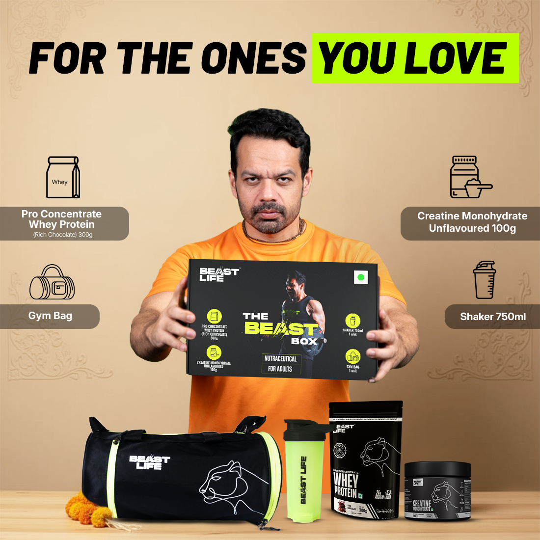 The Beast Box - 300g Pro Concentrate Whey Protein Rich Chocolate, Creatine Monohydrate Unflavoured 100g , Gym Bag, Shaker 750ml